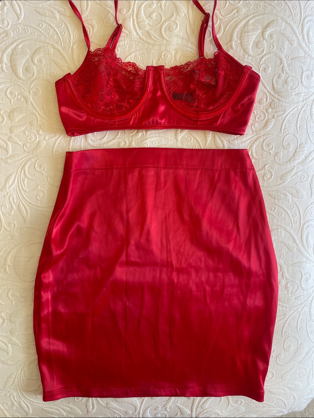 Fashion Nova Scarlet Satin Lace Bralette & Skirt Set